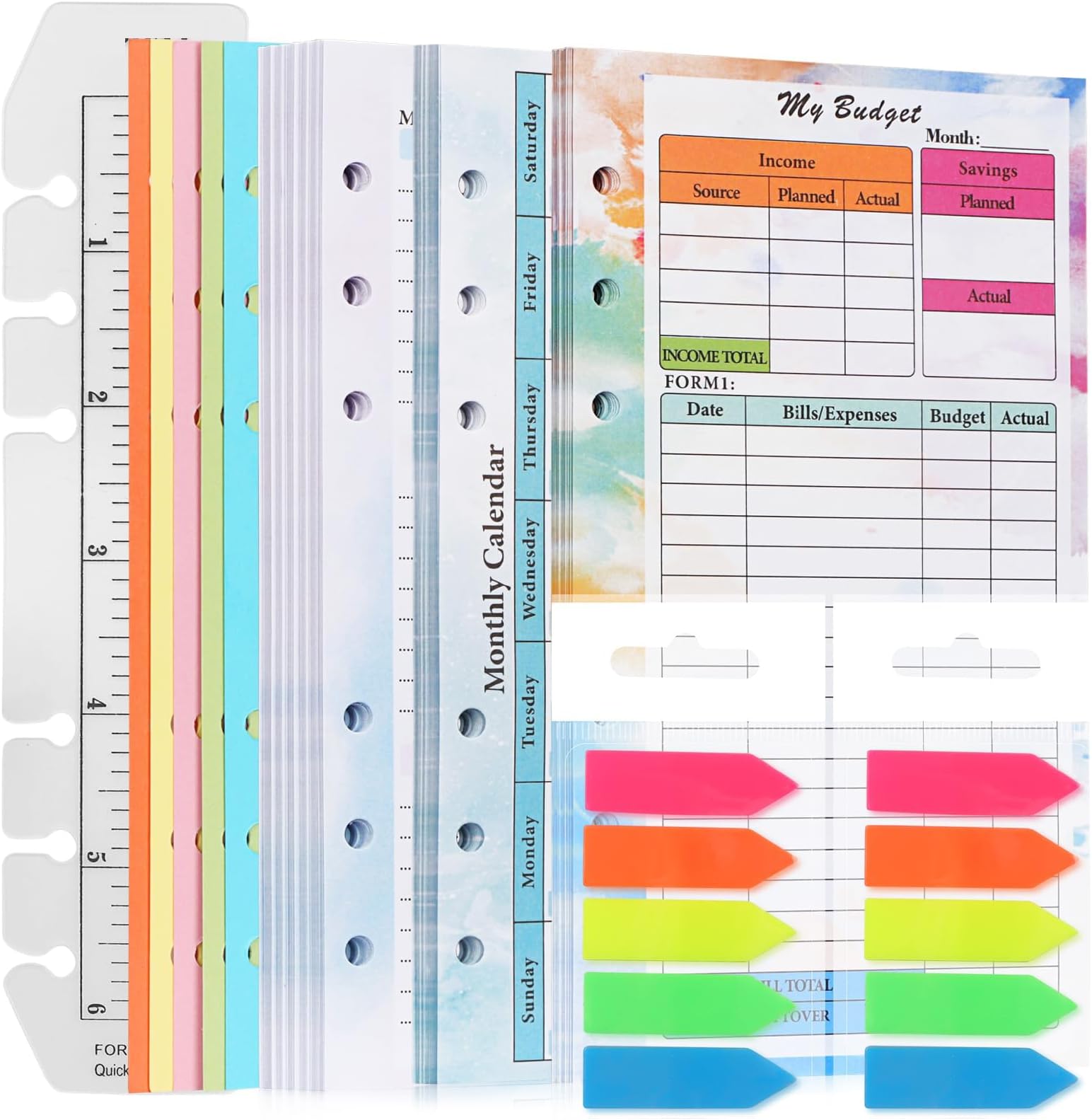 Excefore A6 Planner Inserts,Monthly & Weekly Refills with Expense Budget Sheets, Cash Envelopes, Divider, Today Ruler, Stickers, for A6 Binder Organizer