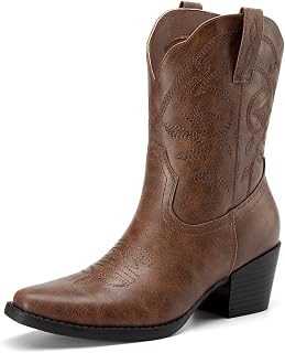 Athlefit Women's Square Toe Chunky Heel Cowboy Cowgirl Boots