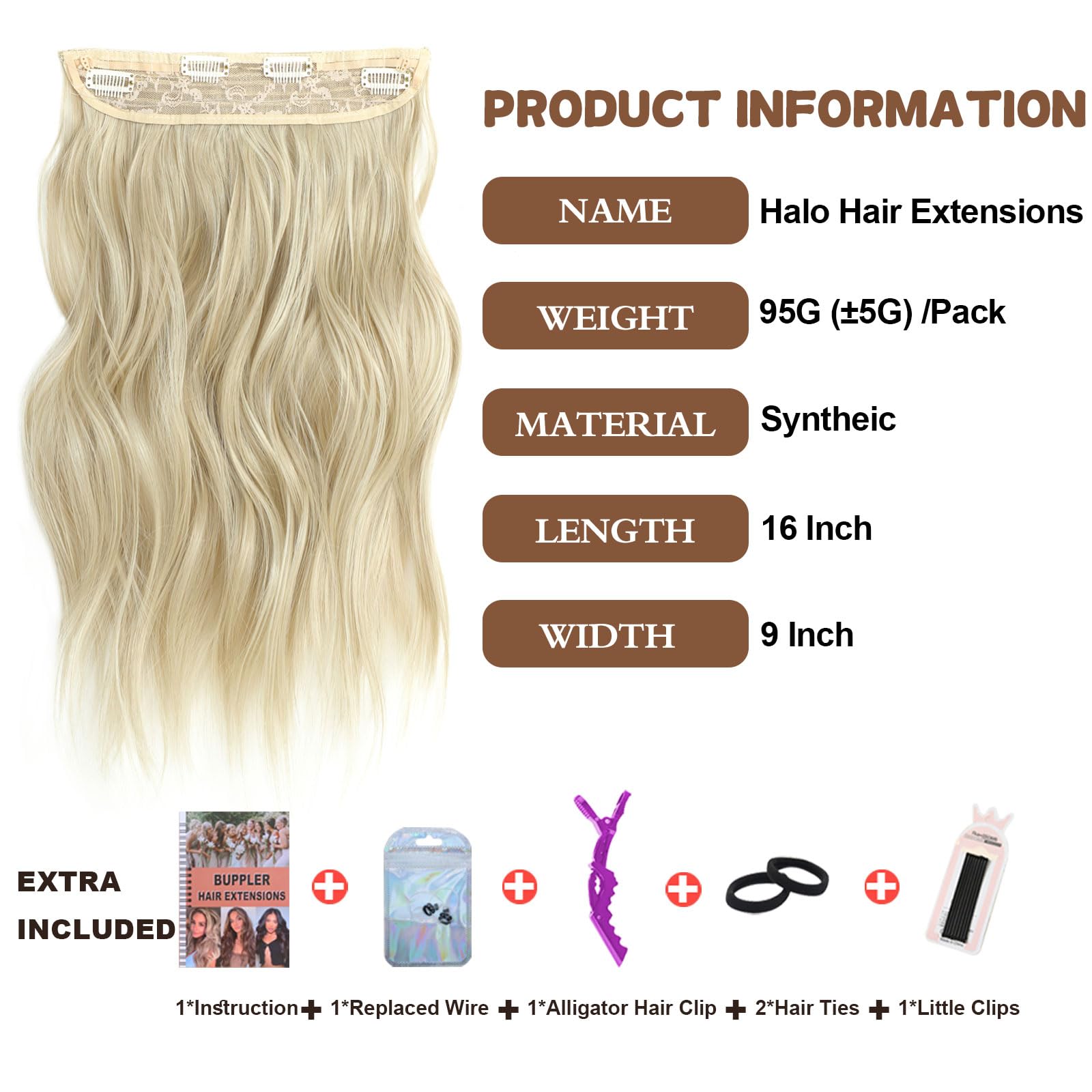 BUPPLER Halo Hair Extensions 16 Inch Invisible Wire Hair Extensions Adjustable Long Wavy Hairpiece Synthetic Upgrade 4 Secure Clips in Hairpieces 16 Inch,Blonde Mix Platinum Blonde - Image 2