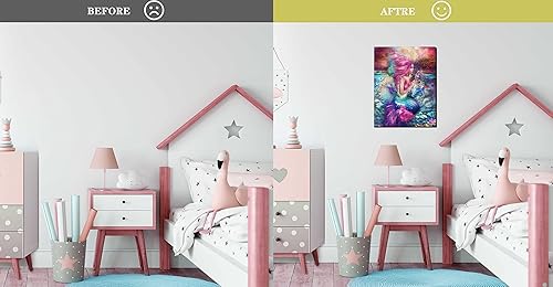 Miniatura 3 de Xxliren Lienzo decorativo para pared de baño con imágenes de sirena, decoración de habitación de sirena rosa para dormitorio de niñas, tamaño de