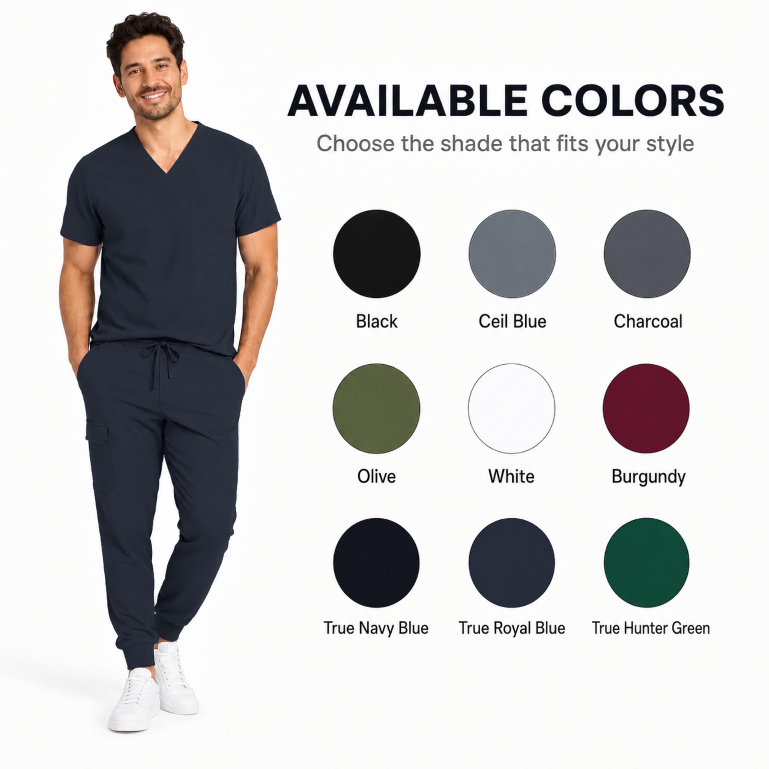 M&M SCRUBS Herren Jogger-Schrubb-Set - Luxe Stretch Medizinische Uniform, V-Ausschnitt OP-Oberteil & Jogginghose (True Navy Blue, Large)