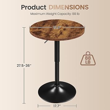 Yaheetech Round Table, Adjustable Height Cocktail Table, 360 Swivel Bar Tables with MDF Top, Silver Leg Base for Bar, Bistro, Cafe, Rustic Brown