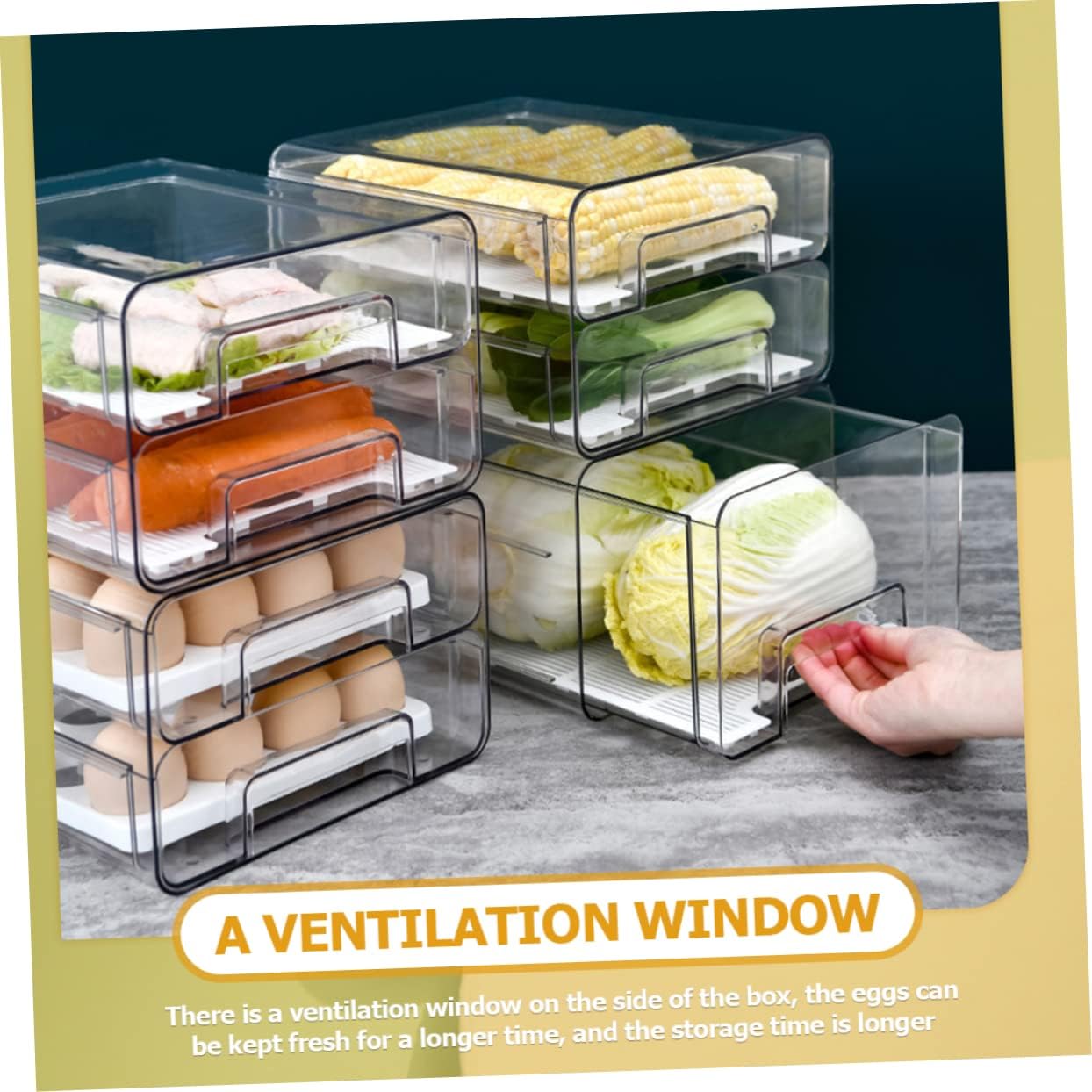 Refrigerator Organizer Bin Dual Layers Storage Container for Fridge Style Design Reduces Collision for Freshness and Multi-purpose Use