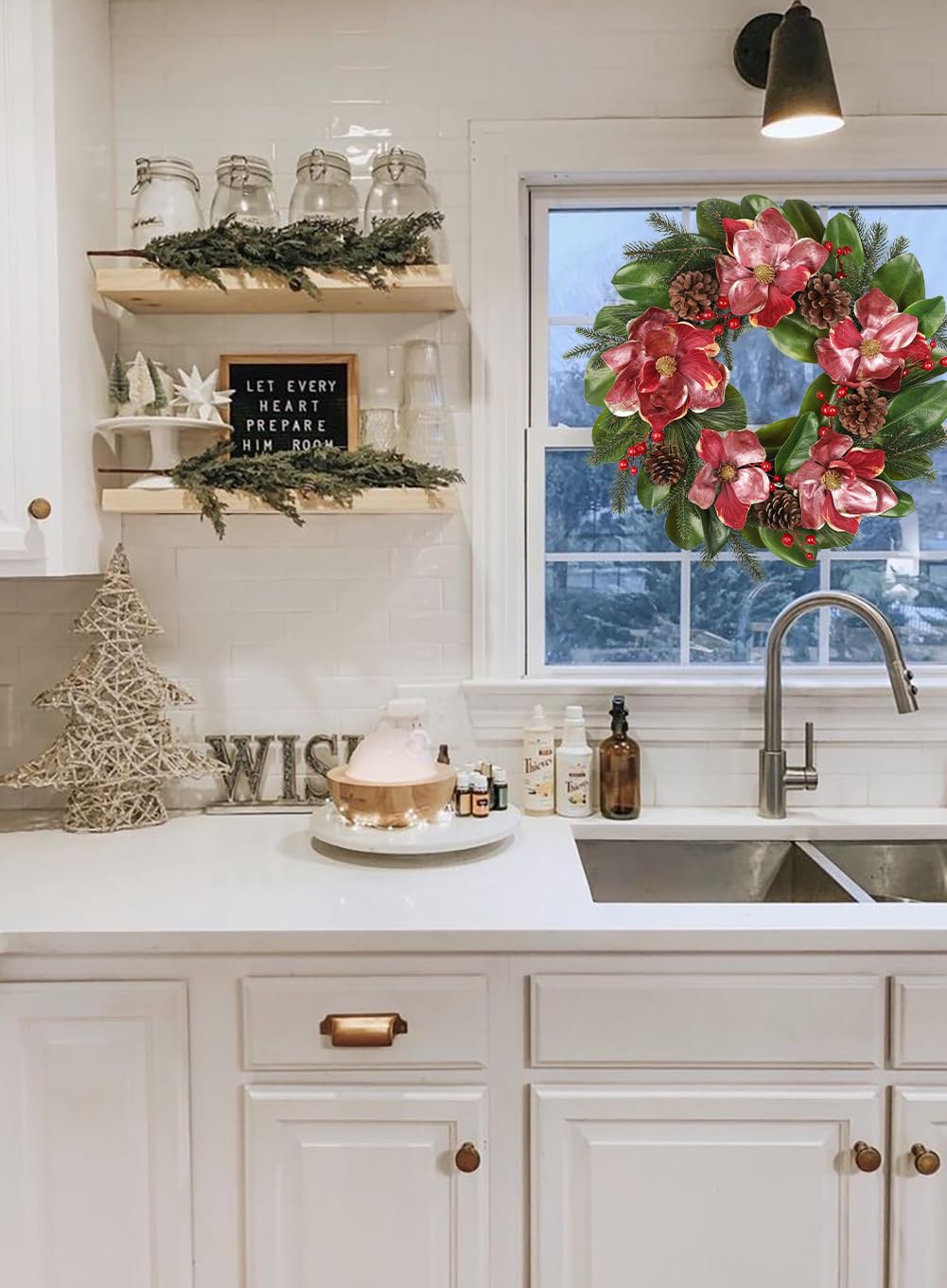 61 cm Künstlicher Magnolien-Weihnachtskranz Großer Weihnachtskranz Deko mit Magnolienblüten, Tannenzweigen und Tannenzapfen für Zuhause, Wand, Fenster, Weihnachtsdekoration für drinnen und draußen