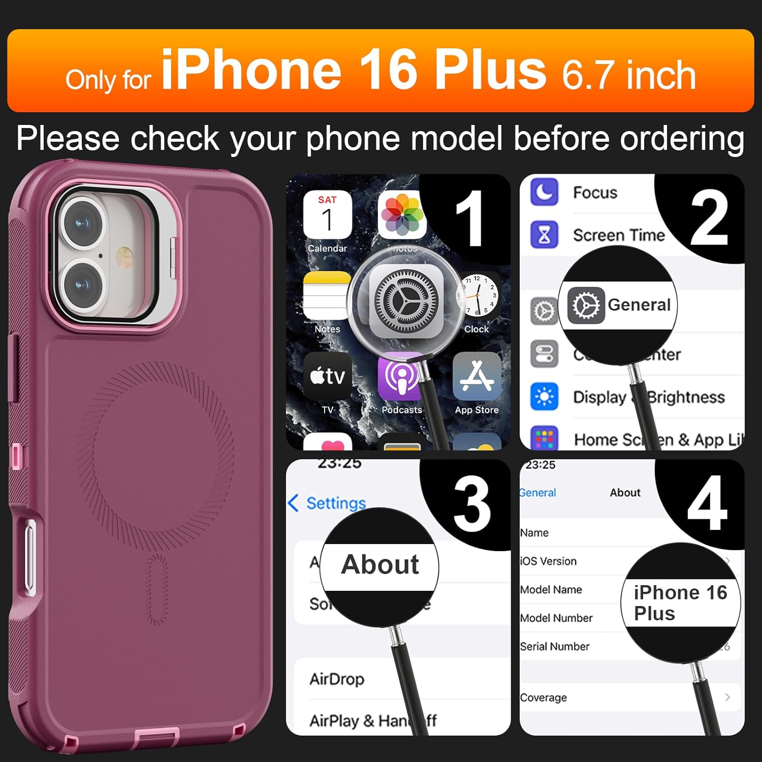 for iPhone 16 Plus Case with Stand & Built-in Camera Cover, MagSafe Compatible, Heavy-Duty Shockproof Protection, Magnetic & Rugged Phone Cover for iPhone 16 Plus 6.7'', Purple-Pink - Image 2