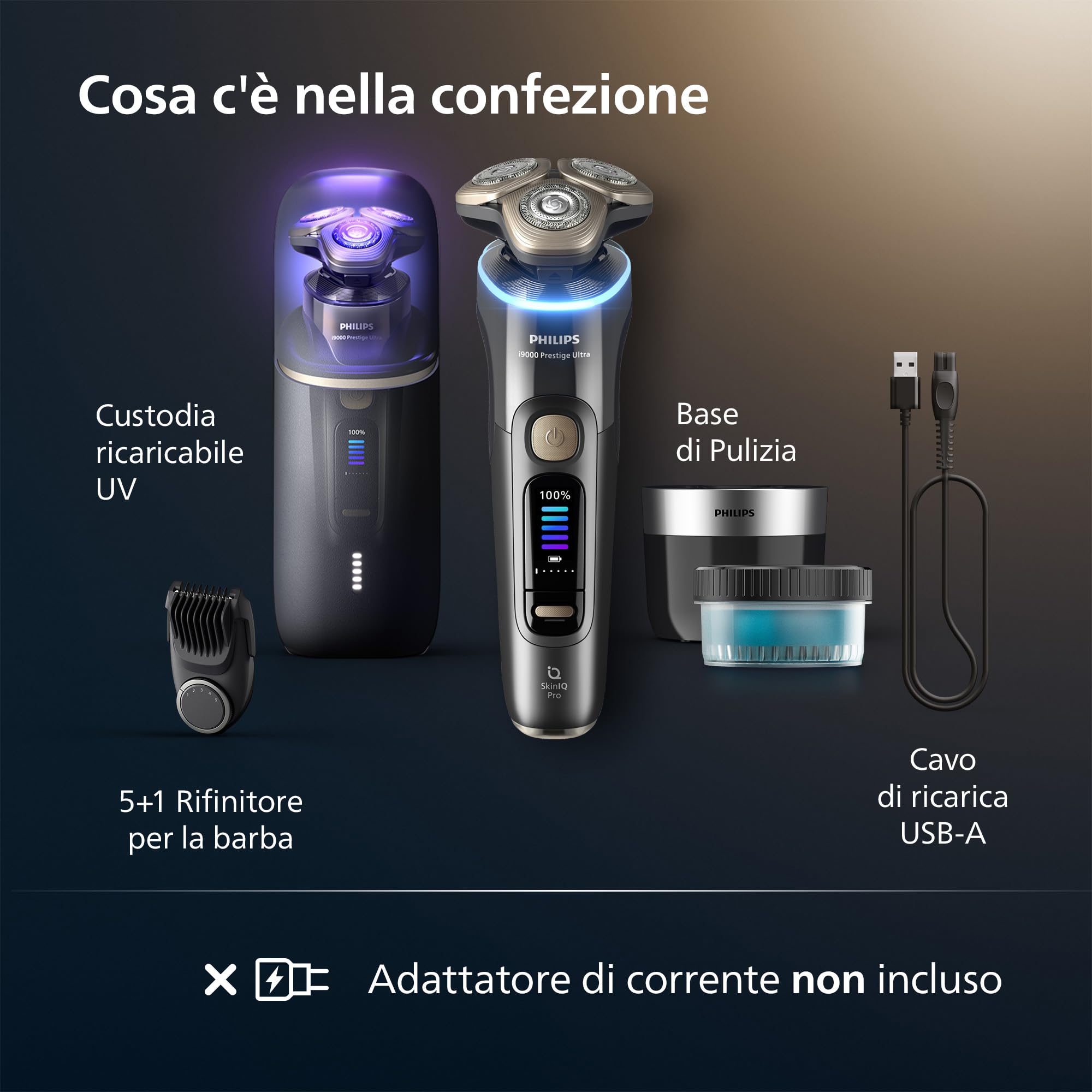 Philips Shaver i9000 Prestige Ultra, rasoio elettrico Wet & Dry, tecnologia Skin IQ Pro, triplo sistema di sollevamento e taglio, lame di precisione NanoTech 360º, 5 modalità di rasatura, XP9402/46
