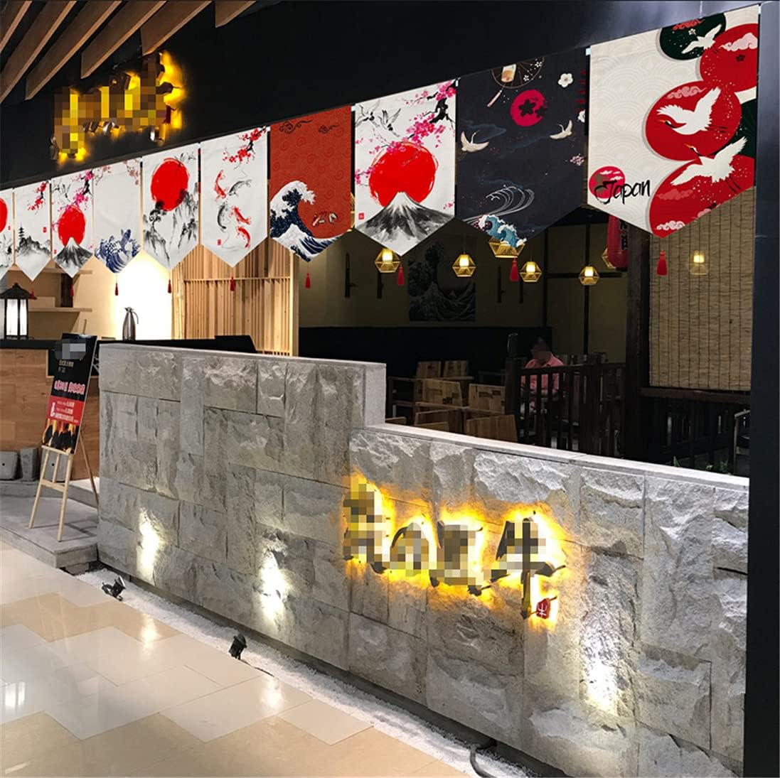 Set of 4 Japanese Culture(Fuji Crane Sea Wave) Short Type Doorway Triangle Flag Noren Door Curtain for Home Decoration