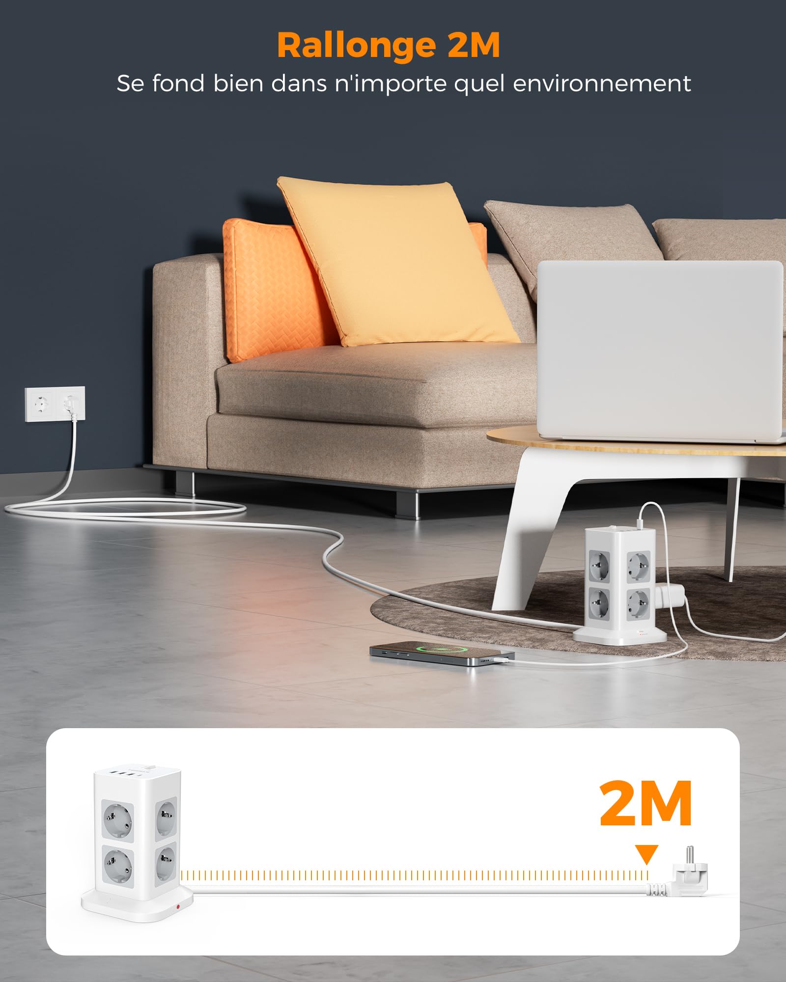 TESSAN Tour Multiprise 8 Sorties AC avec 4 USB (3A1C), Multiprise avec Interrupteur Rallonge Electrique 2m, Prise Multiple 3600W Parafoudre et Surtension, Convient pour Maison, Bureau, Gris