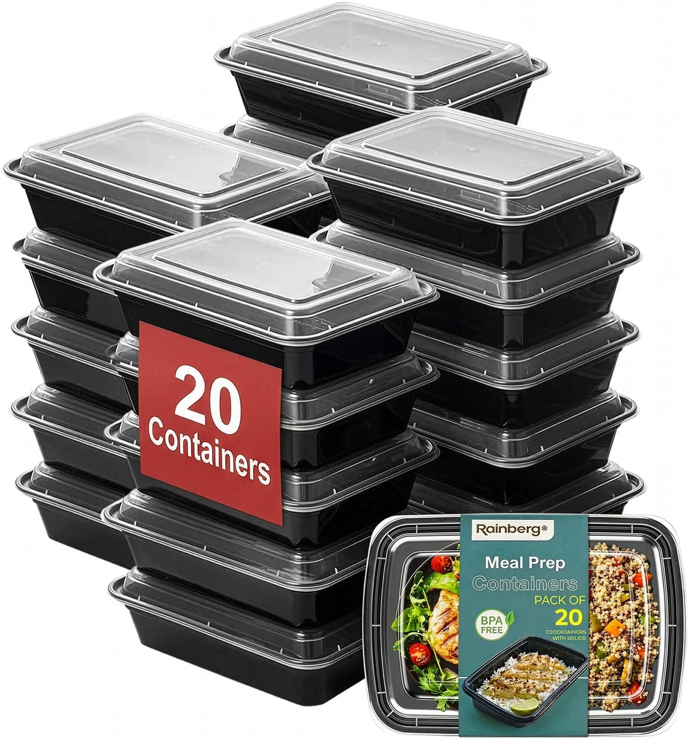 Rainberg Meal Prep Containers 1 Compartment, BPA Free Reusable Food Prep Containers with Lids – Microwave, Freezers & Dishwashers Safe – Stackable Storage Lunch Boxes (20)