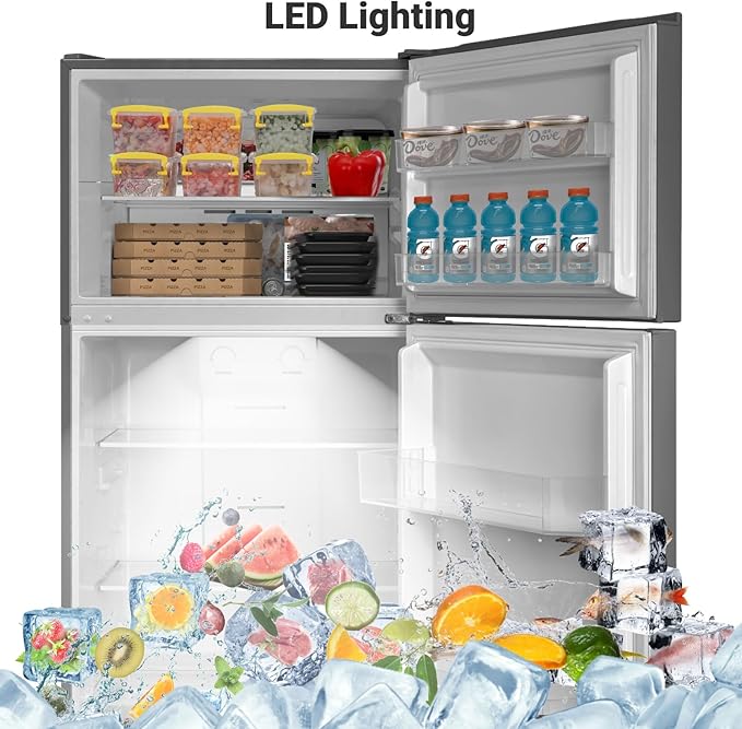 Techomey 13.9 Cu.Ft.Top Freezer Refrigerator, Frost Free Refrigerator with Freezer, 28" Compact Garage Fridge, Standard Depth, Gallon Door Bins, LED Light, Stainless Steel on Fridge.com