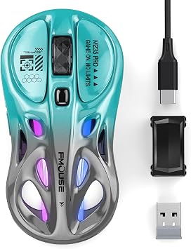 FMOUSE Wireless Mouse Gaming, Tri-Mode 2.4G Bluetooth Wired, Turquoise-Gray