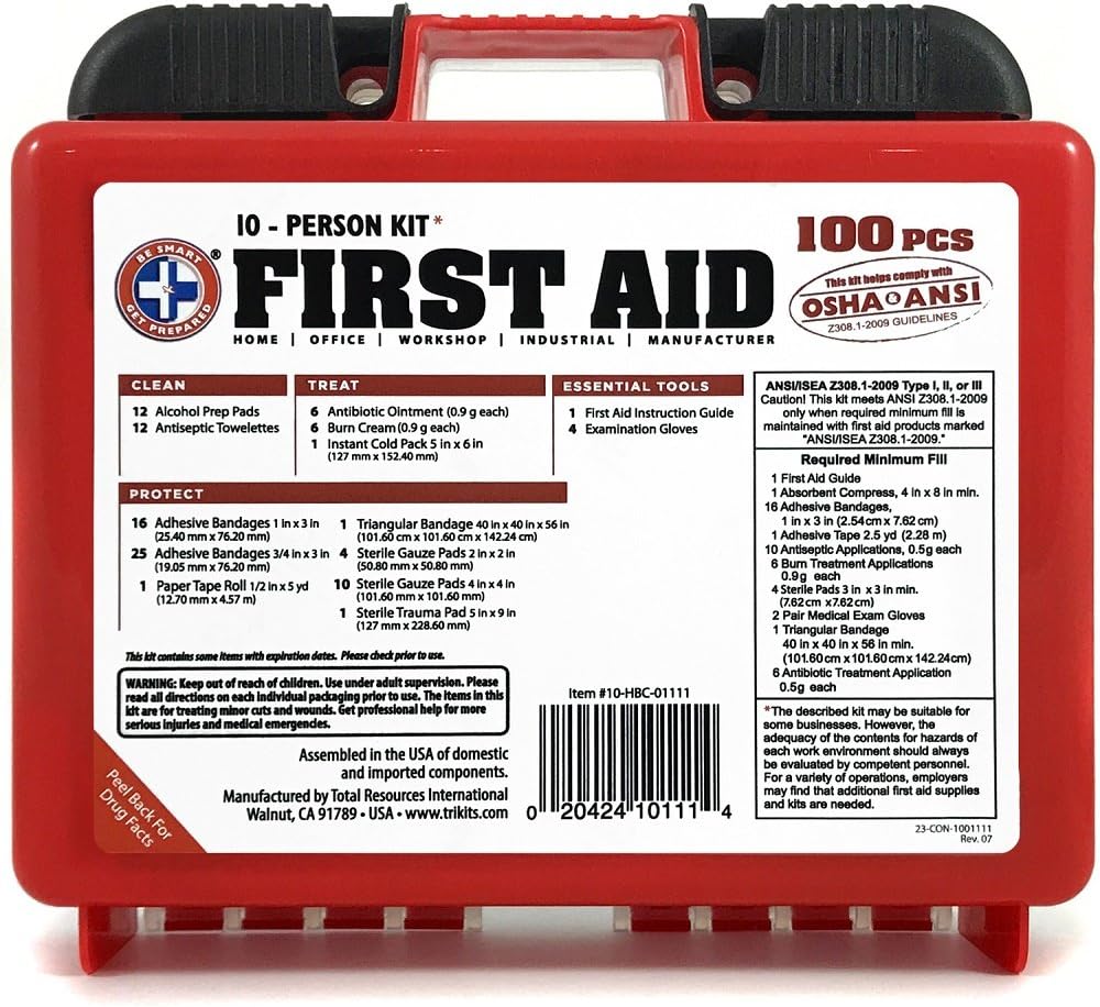 Be Smart Get Prepared 100Piece First Aid Kit, Exceeds OSHA Ansi Standards for 10 People - Office, Home, Car, School, Emergency, Survival, Camping, Hunting, & Sports : Sports & Outdoors