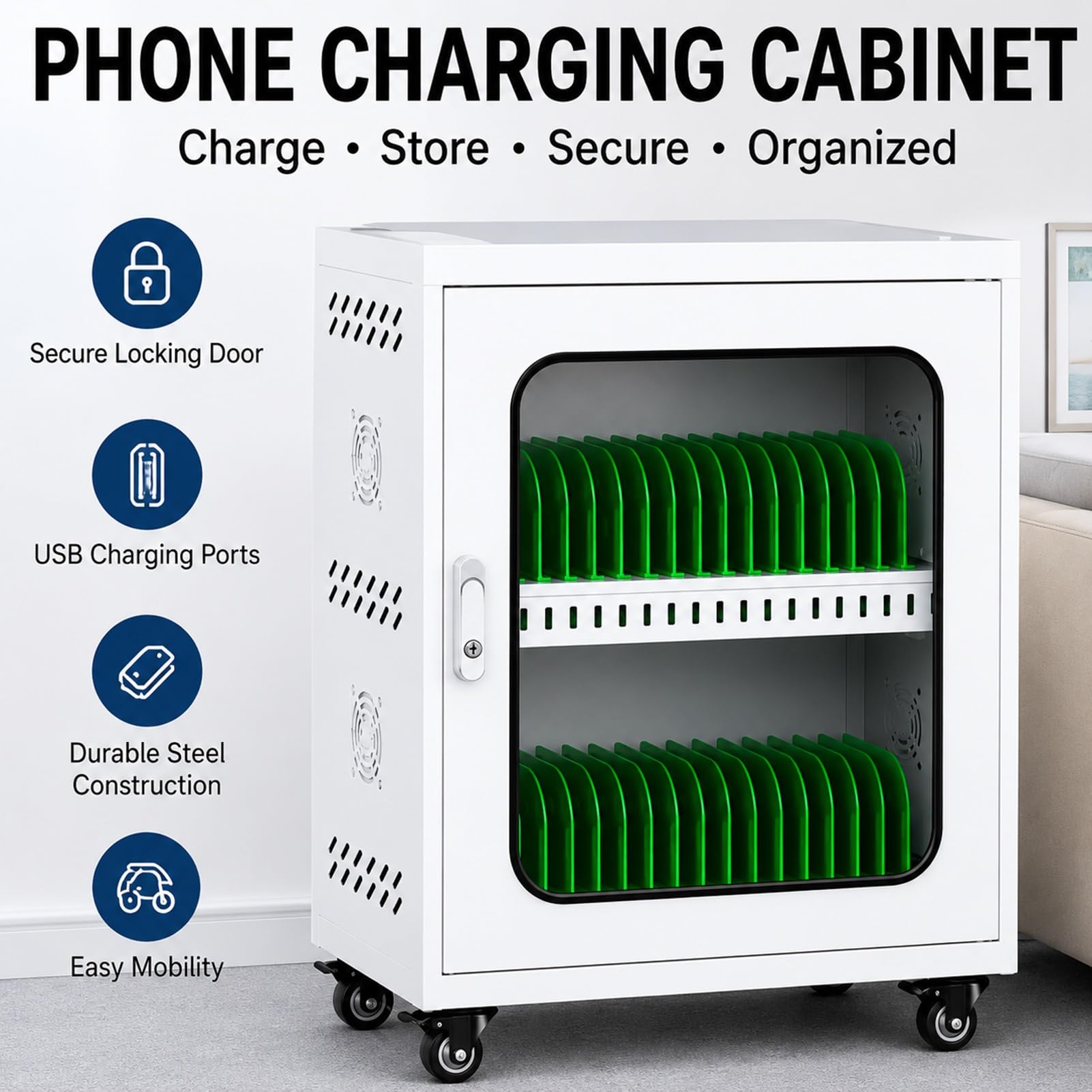 Rmadio di Ricarica per Telefoni con Sistema USB e Scomparti con Serratura | Ricarica centralizzata e conservazione sicura per scuole,uffici,biblioteche e centri di formazione(Black,20 Slots)