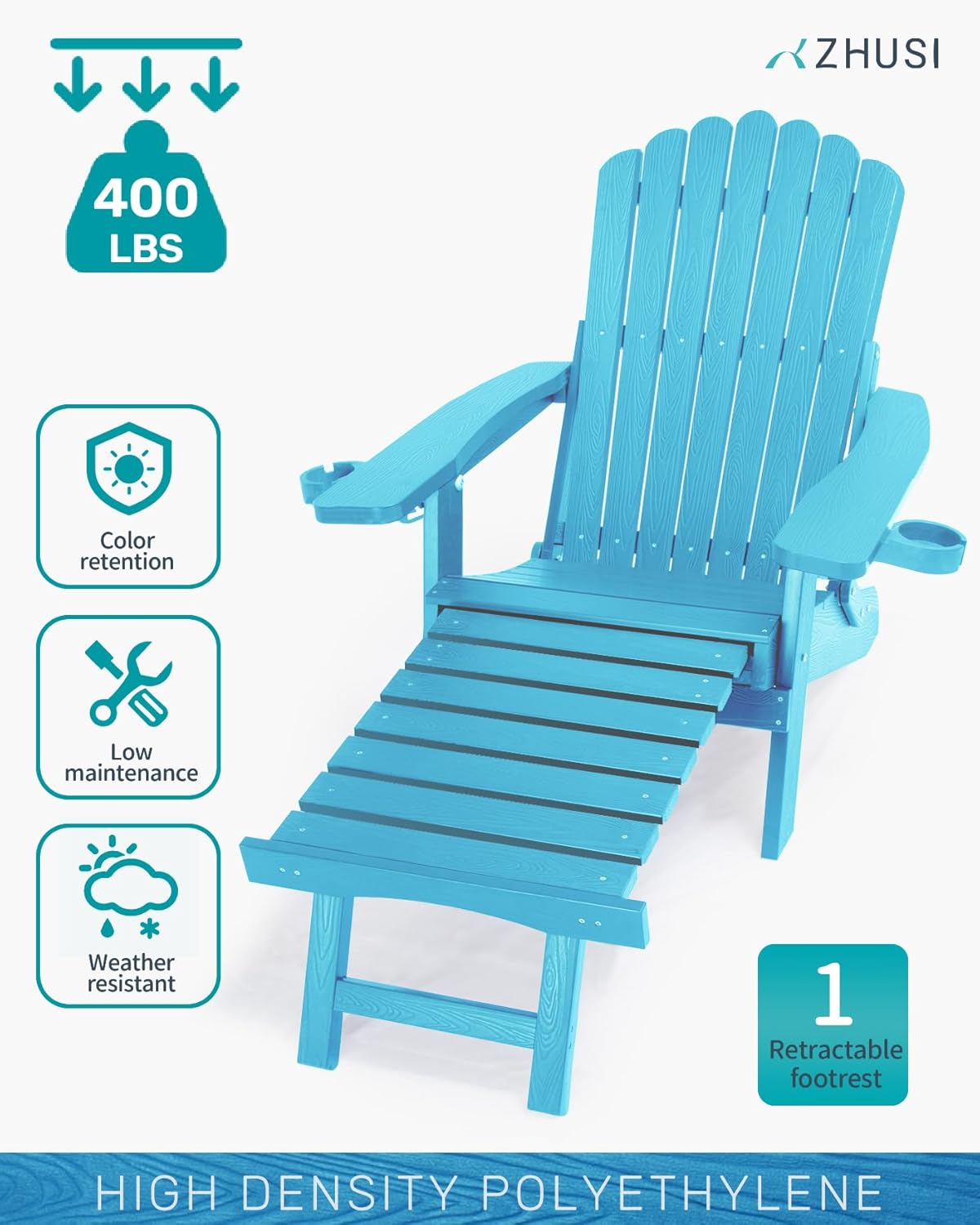 ZHUSI Folding Adirondack Chairs Set of 2 with Retractable Ottoman, Adjustable Adirondack Chair with 2 Cup Holders, Outdoor Chairs for Porch Patio Lawn Balcony Weather Resistant, Lake Blue