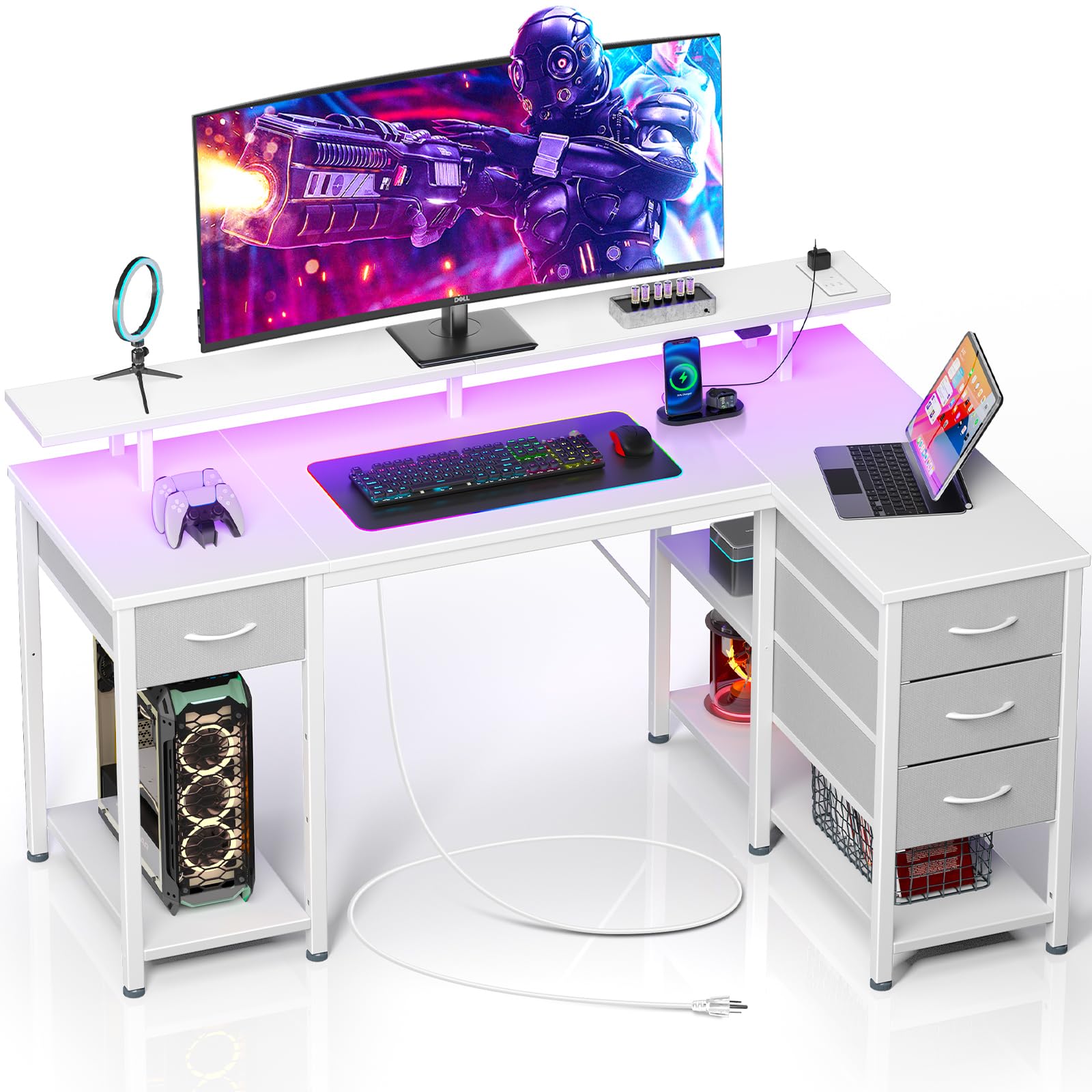 Seventable L Shaped Computer Desk with Drawers 47.2 inch, Gaming Desk with Power Outlets & LED Lights, Reversible Office Desk with Storage Shelves, Corner Desk with Monitor Stand White