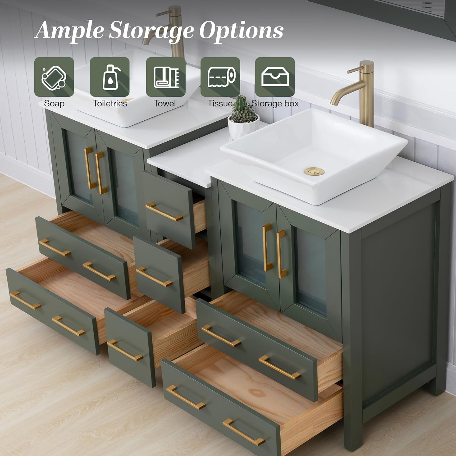 Open drawers and cabinet doors showing ample storage options