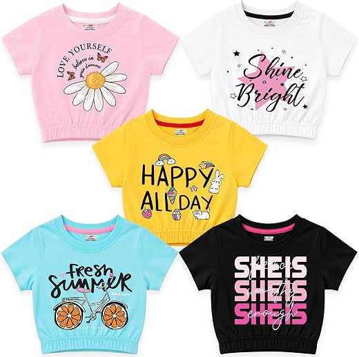 Kuchipoo Girls Cotton Crop Top | Half Sleeve Graphic Printed Summer T-Shirt with Elastic Waist | Soft & Breathable Casual ...