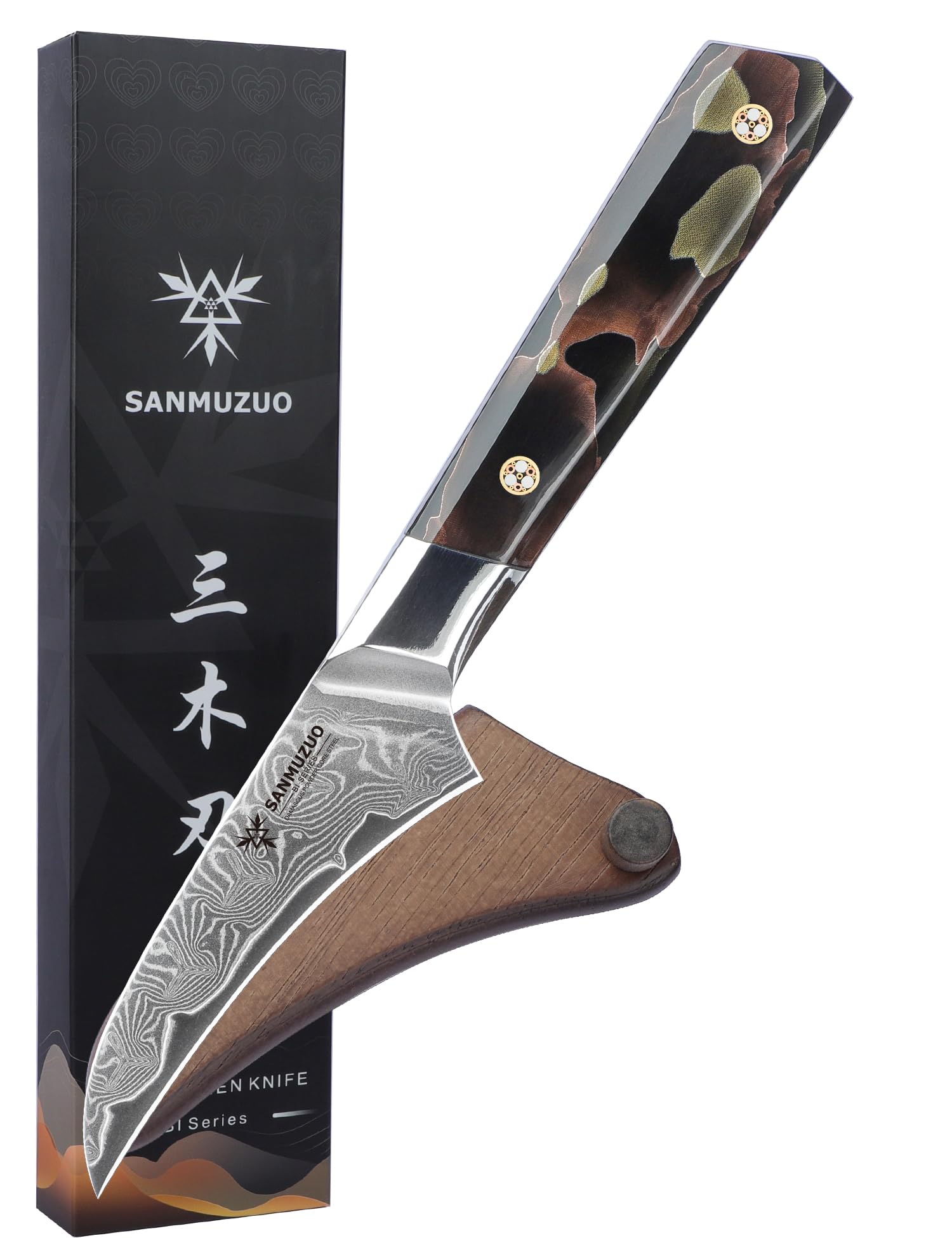 Vogelschnabel-Schälmesser 9 CM, professionelles Küchenschälmesser, ultrascharfer Damaszener Pulverstahl mit durchgehendem Harzgriff, Bi-Serie