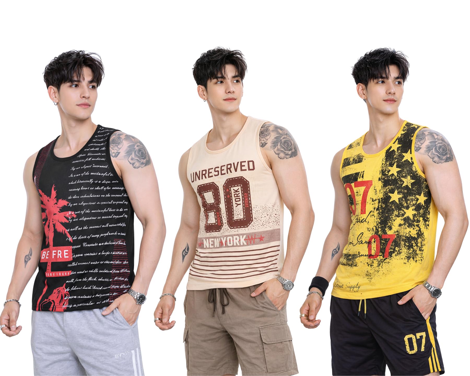 s.l. madhok Men's Printed Sleeveless T Shirt Combo | Round Neck Trendy Casual Running Workout Sleeveless Vest for Gym Wear (Pack of 3)-picture-38