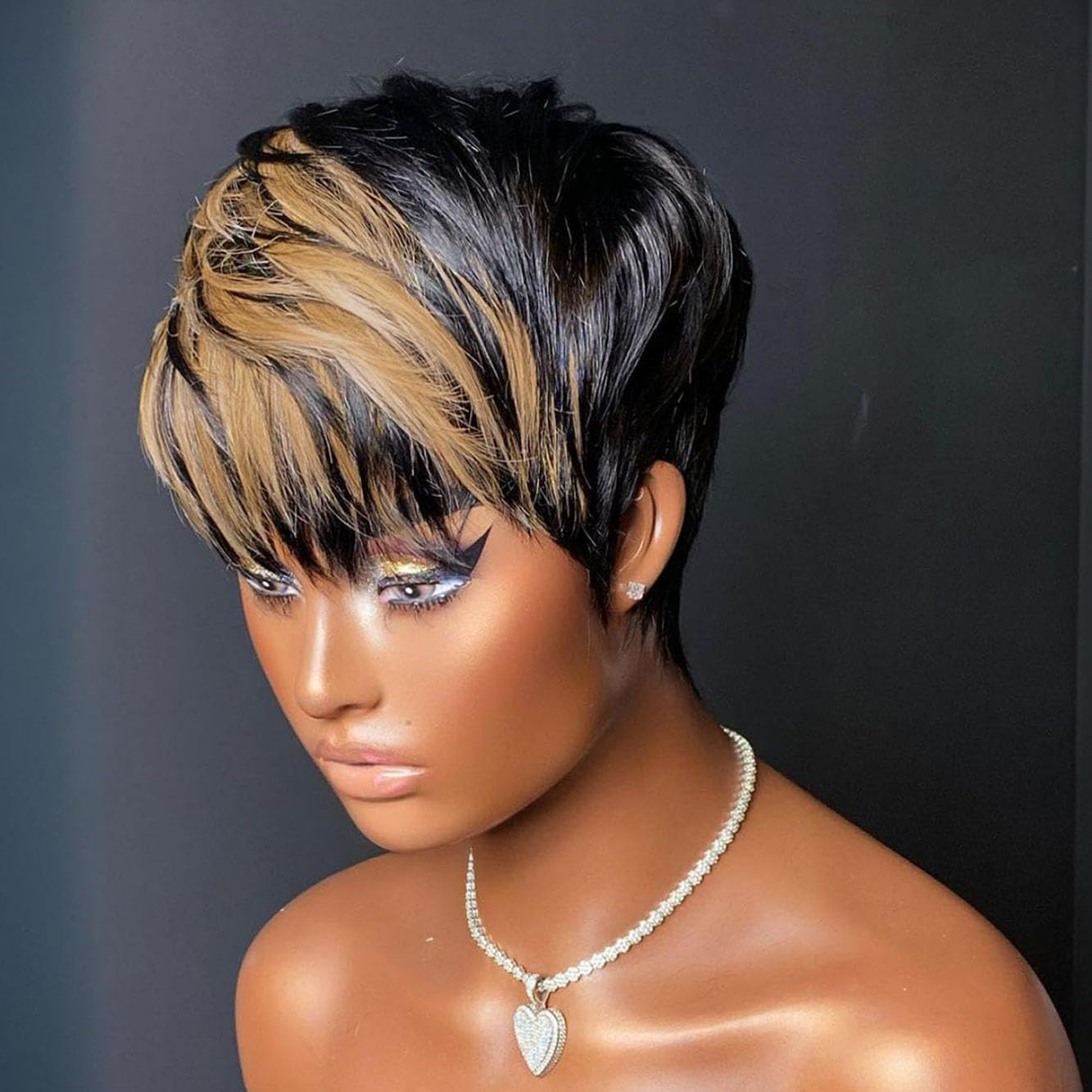 Short Pixie Cut Human Hair Wig, Glueless Layered Wig with Bangs