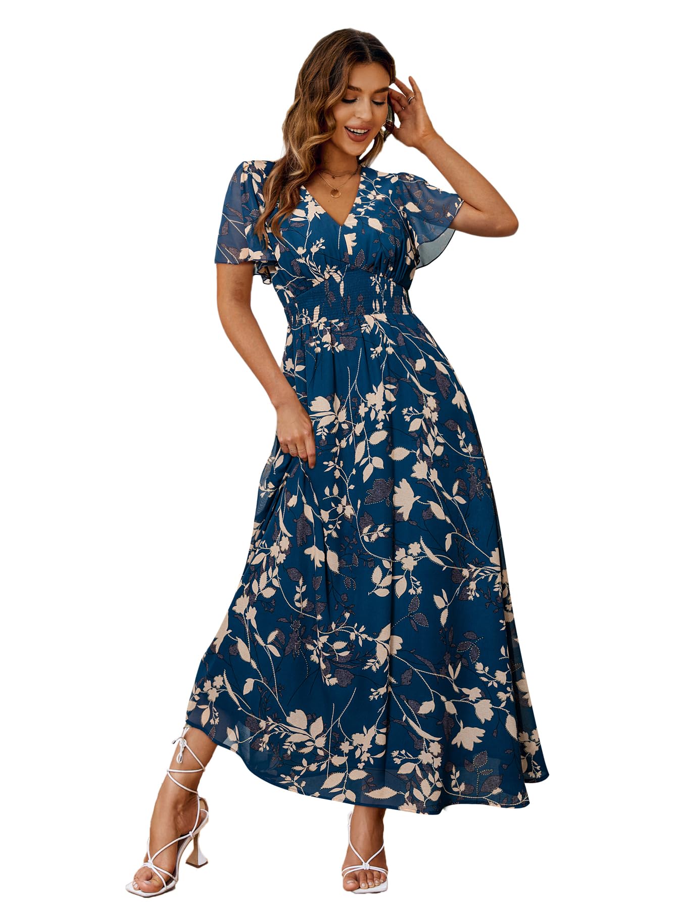 Simplee Women's Boho Floral Maxi Dress Flowy Casual V Neck Short Sleeve Wedding Guest Holiday Beach Long Dress