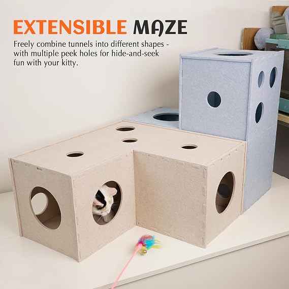 PETKARAY Cat Tunnel, Original Cat Hideaway Cave for Indoor Cats, Large Kitten Play Tubes and Tunnels, Soft Felt Cat Toy with Interactive Peek Hole, Beige L Shape