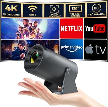 Mini projector, Projector WiFi6 and BT5.2, Portable projector 4K supports Android 11.0, 180  rotatable, Automatic keystone correction, 130-inch display and 50% zoom, Outdoor projector new upgrade
