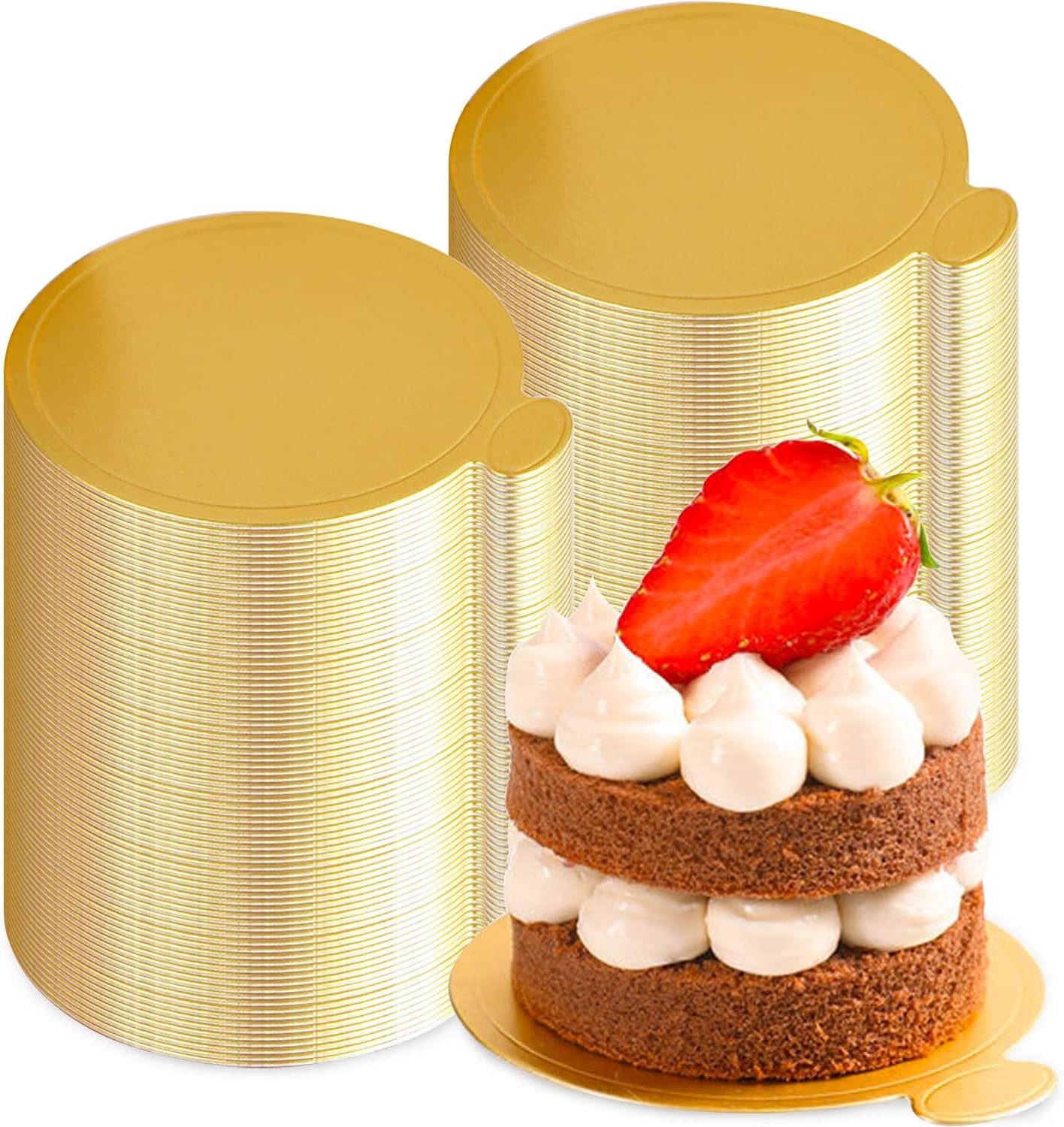 BIG BOX 100 Pastry Board Round Mini Cake Boards Cardboard Cupcake Circles For Mousse Pastries Dessert Displays Tray For Wedding Birthday Party, 100-Count (Gold)