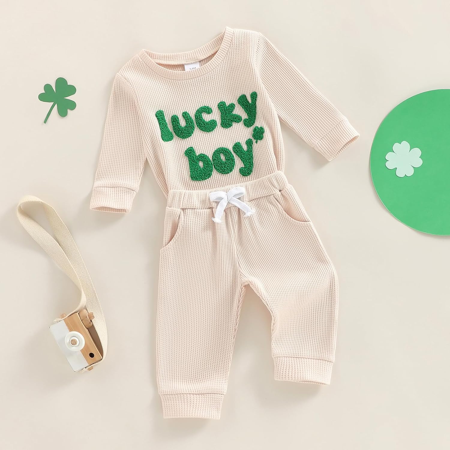St. Patrick's Day Baby Boy Outfit Newborn Infant Lucky Boy Embroidery Waffle Knit Long Sleeve Romper Pants 2Pcs Set - Image 6