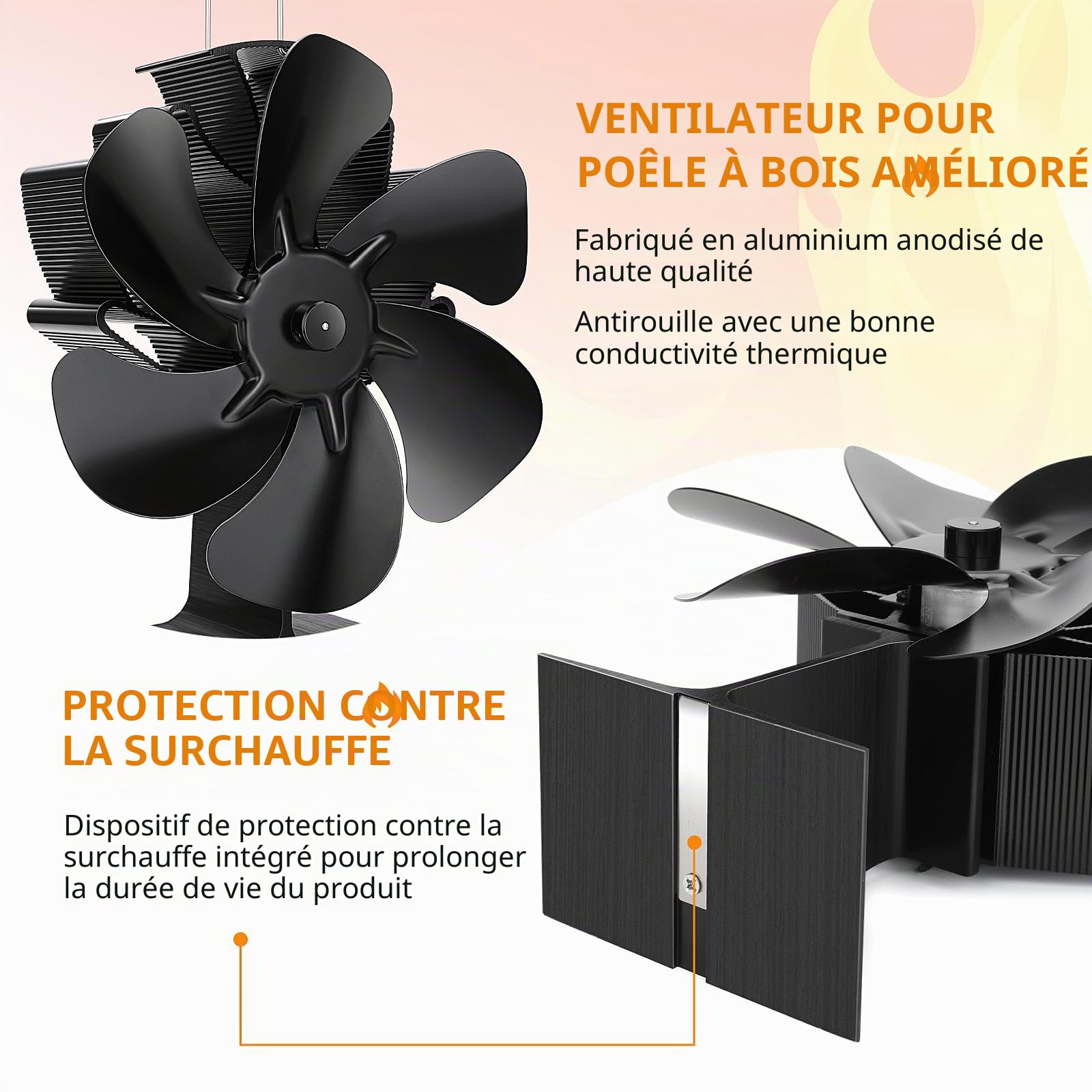 Hanaoyo Ventilateur de poêle à bois à 6 pales, alimenté par la chaleur, ventilateur de poêle à bois, fonctionnement silencieux, ventilateur de poêle pour poêle à bois, cheminée