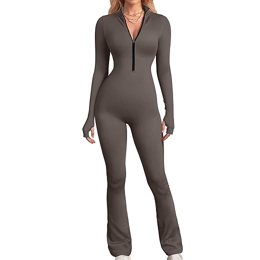 OQQ Women Yoga Jumpsuits Workout Ribbed Long Sleeve Zip Front Sport Jumpsuits Beige