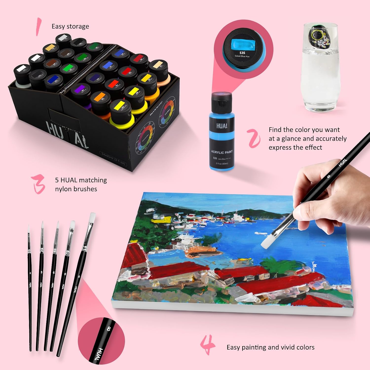 HUAL Acrylic Paint Set with 5 Brushes, 24 Colors (60ml, 2oz) for Artists Kids Beginners & Painters,Model/Canvas/Rock/Fabric/Glass/Stone/Ceramic/Wood Painting, Non Toxic