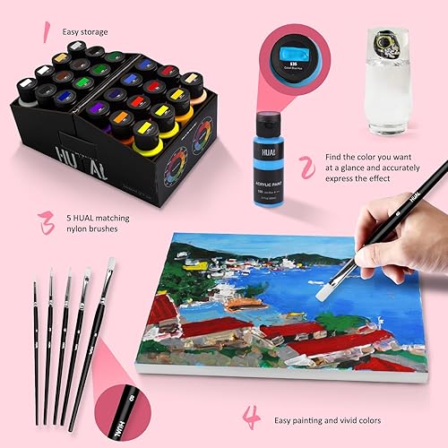 Miniatura 8 de Juego de pintura acrílica con 5 pinceles, 24 colores (2.0 fl oz, 2 onzas) para artistas, niños, principiantes y pintores,