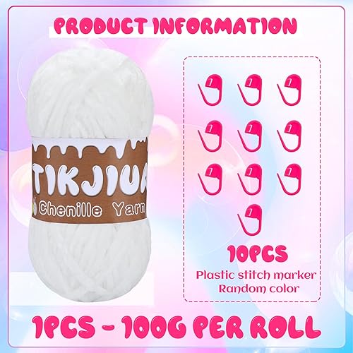 Miniatura 2 de Hilo de felpilla blanco de 3.5 onzas para ganchillo, hilo grueso de felpilla con marcadores de costura, hilo de chenilla grueso para mantas,