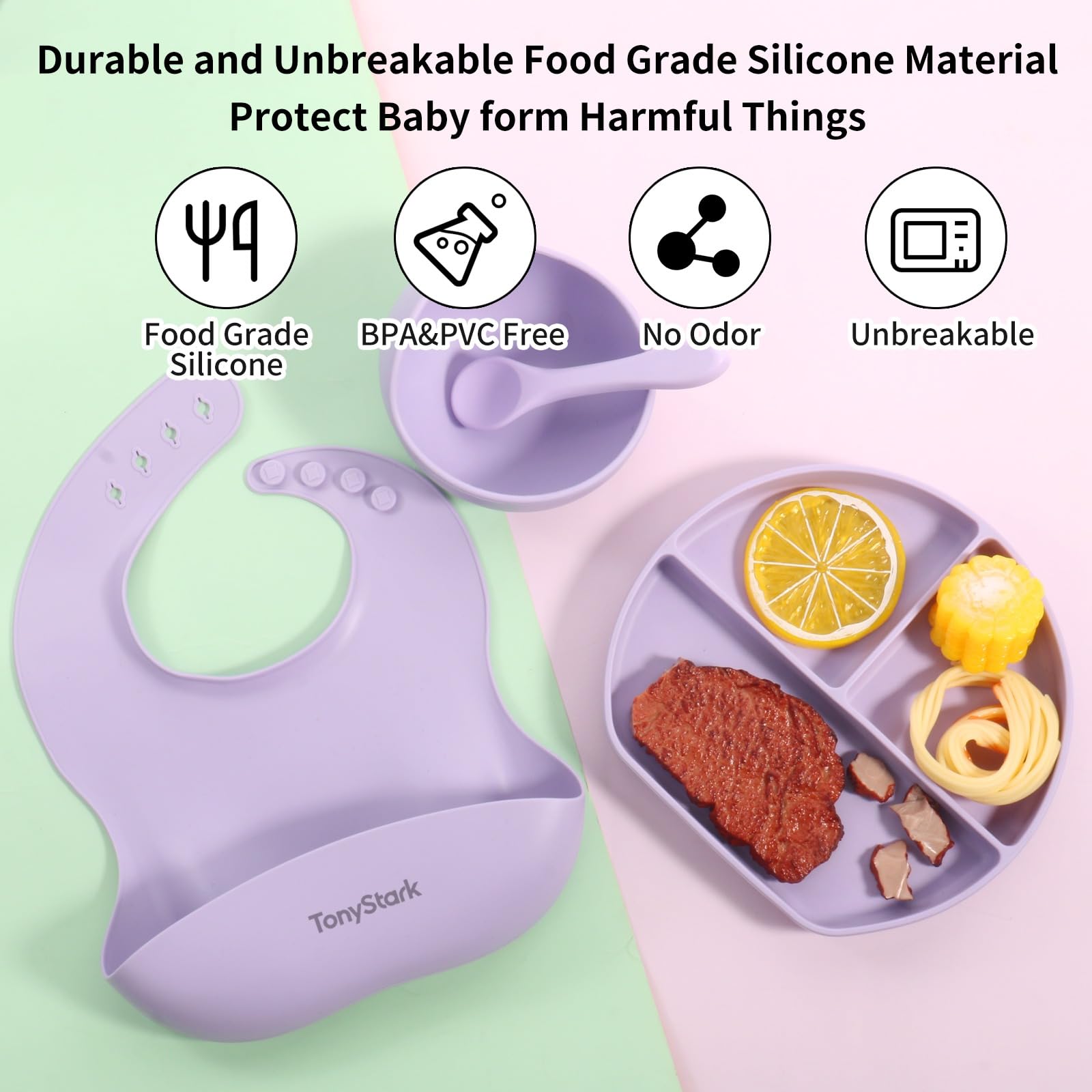 Tony Stark 7 Pcs Silicone Baby Feeding Set Bpa-Free,Microwave Safe,Anti-Slip Base | Complete Tableware Kit for Babies & Toddlers with Suction Plate,Curved Dish  ,Cup, Spoon,Fork & Bib (Lavender) - Image 3 thumbnail
