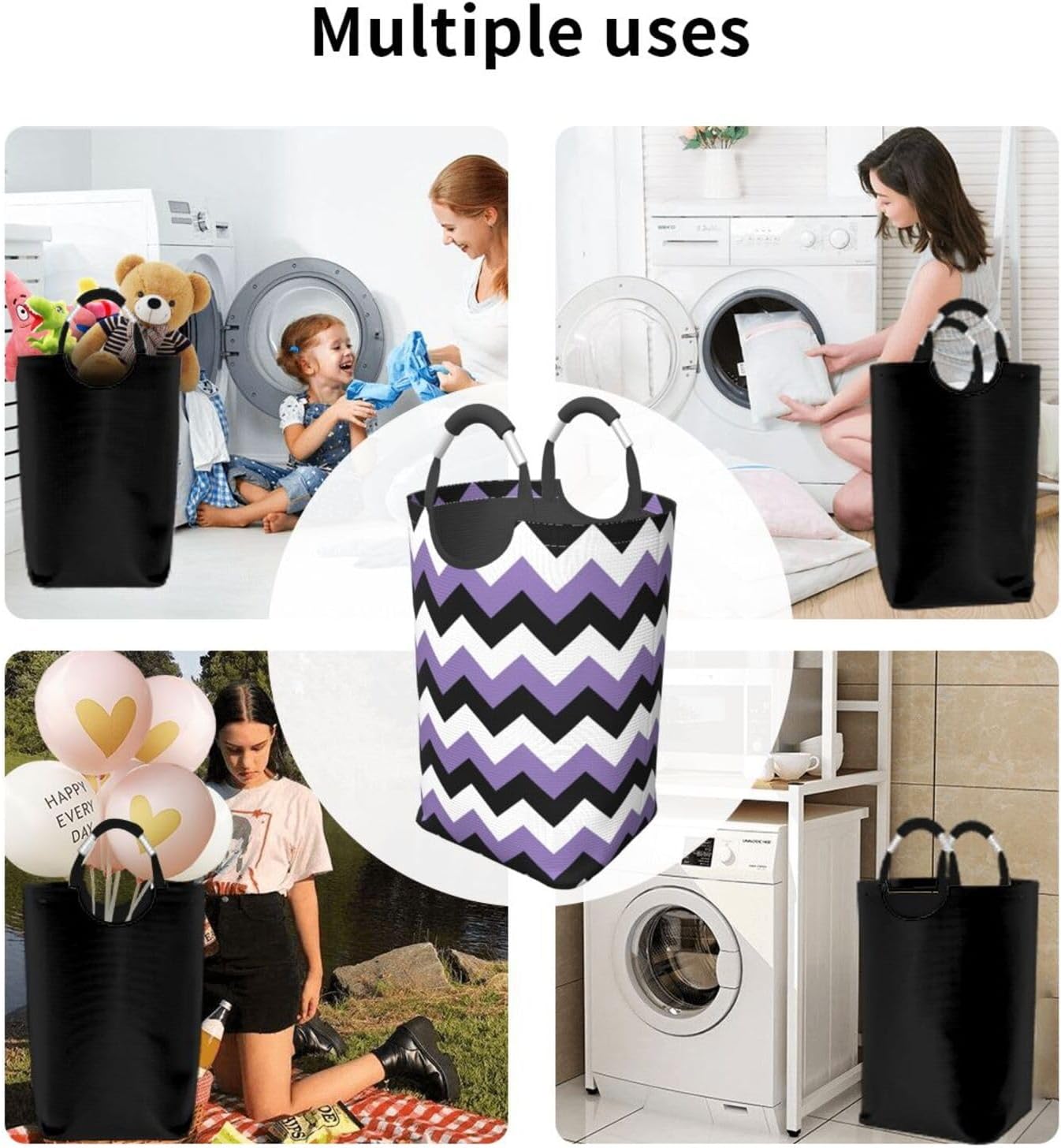 Large Laundry Basket, Lavender White Black Zigzag Laundry Hamper Bag Collapsible Washing Bin With Handles for College Dorm, Family Essentials Storage
