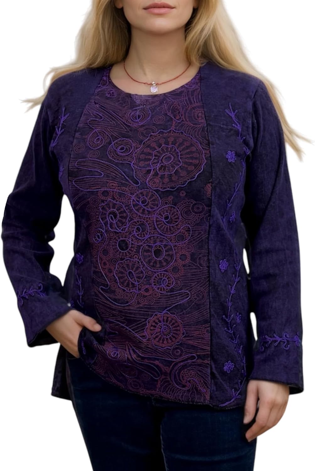 Agan Traders 2026 Boho Rib Knit Cotton Stonewashed Embroidered Tops - Tie-dye Long Sleeve Women's Blouses Sweatshirts