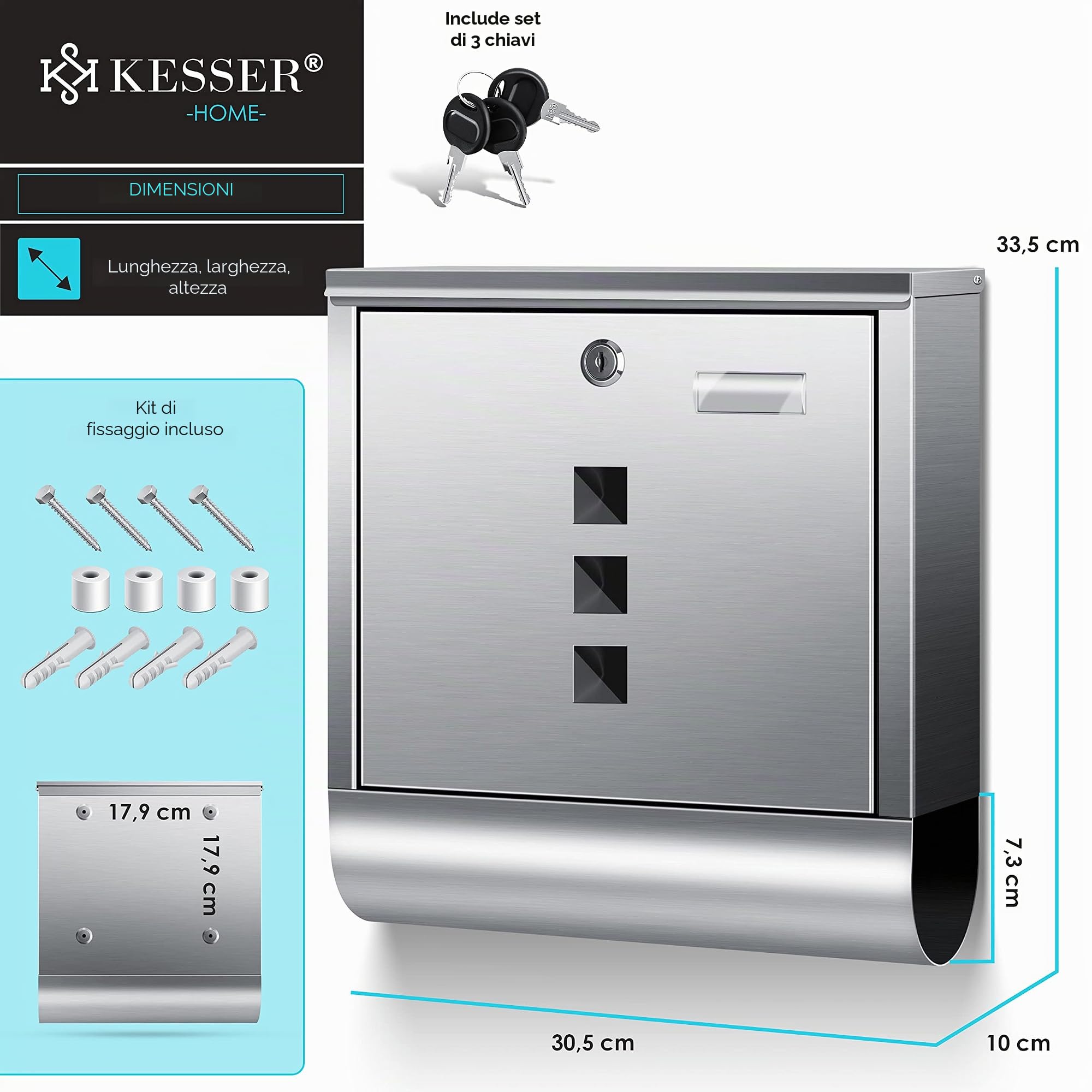 KESSER® Cassetta per le Lettere in Acciaio Inox con scomparto per Giornali, Targhetta, Finestra di visualizzazione, Chiave 3X, Verniciata a polvere, Materiale di Montaggio, Argento