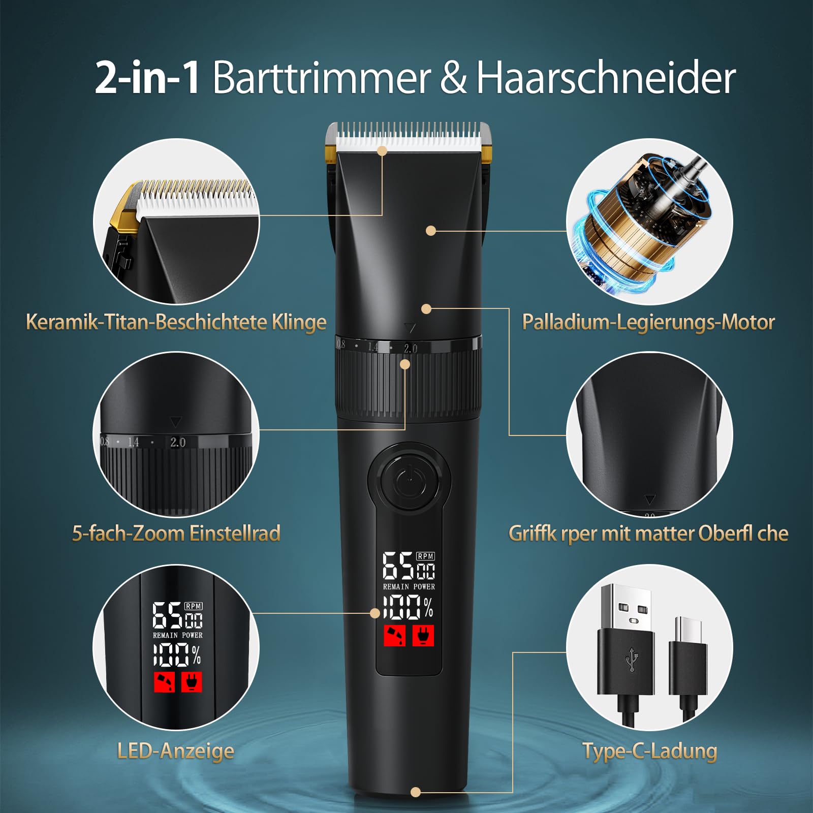2-in-1 Profi-Haarschneidemaschine und Herren-Barttrimmer – Elektrischer Herrenrasierer für Gesicht/Kopf/Körper mit abnehmbaren Keramik-Titan-Klingen, 9 Längenstufen, rutschfest Mattgriff