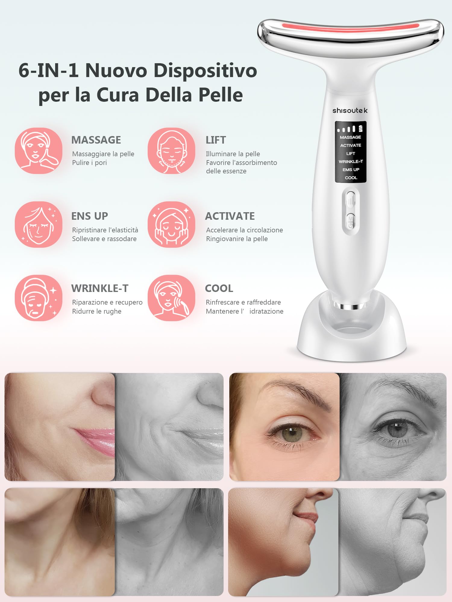 Massaggiatore Viso Lifting Elettrico Antirughe: Dispositivo di Bellezza a 5℃ del Freddo e 45℃ Terapia del Caldo - Face Massager con 6 Modi 4 LED - EMS Lifting Gua Sha Massaggio Rassodante Collo Viso