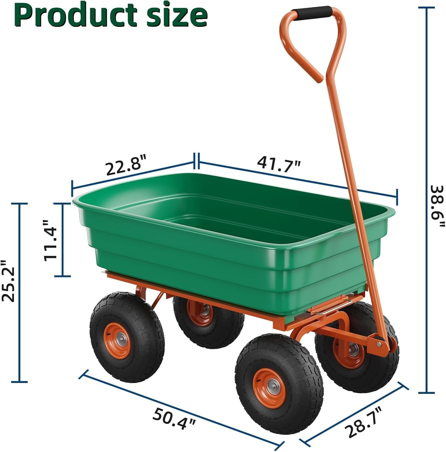 Garden Cart with 13" No-Flat Tires, 1200 lbs Capacity, 7 Cubic Feet Polyethylene Yard Dump Wagon w/ 180° Swivel Handle Towable, Utility Wagon for Yard, Garden, Landscaping, Heavy Duty & Rust-Proof