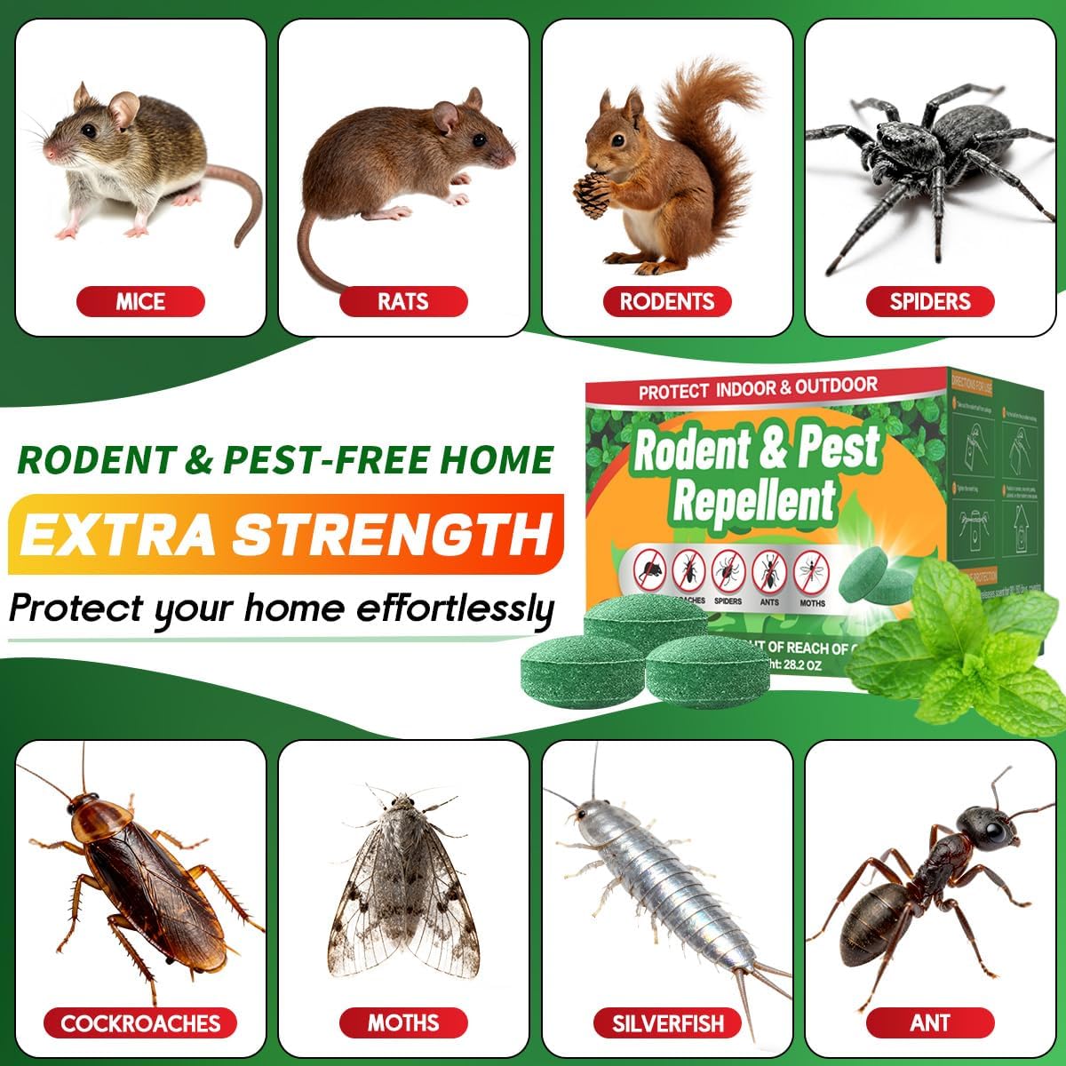 Rodent Mole Repellent for Indoor Outdoor - Peppermint Essential Oil Extra Strength for Mice Rat Mouse Bug Spider Roach Repellent Pouches, Moth Balls Pest Control Natural Home Safe 32 Packs