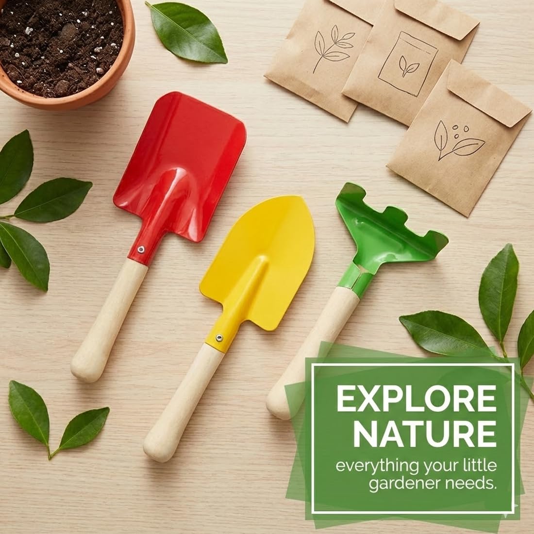 Kit de jardinería infantil de 6 piezas con pala, rastrillo y azada de metal y madera para jardín, balcón, terraza y cajón de arena.