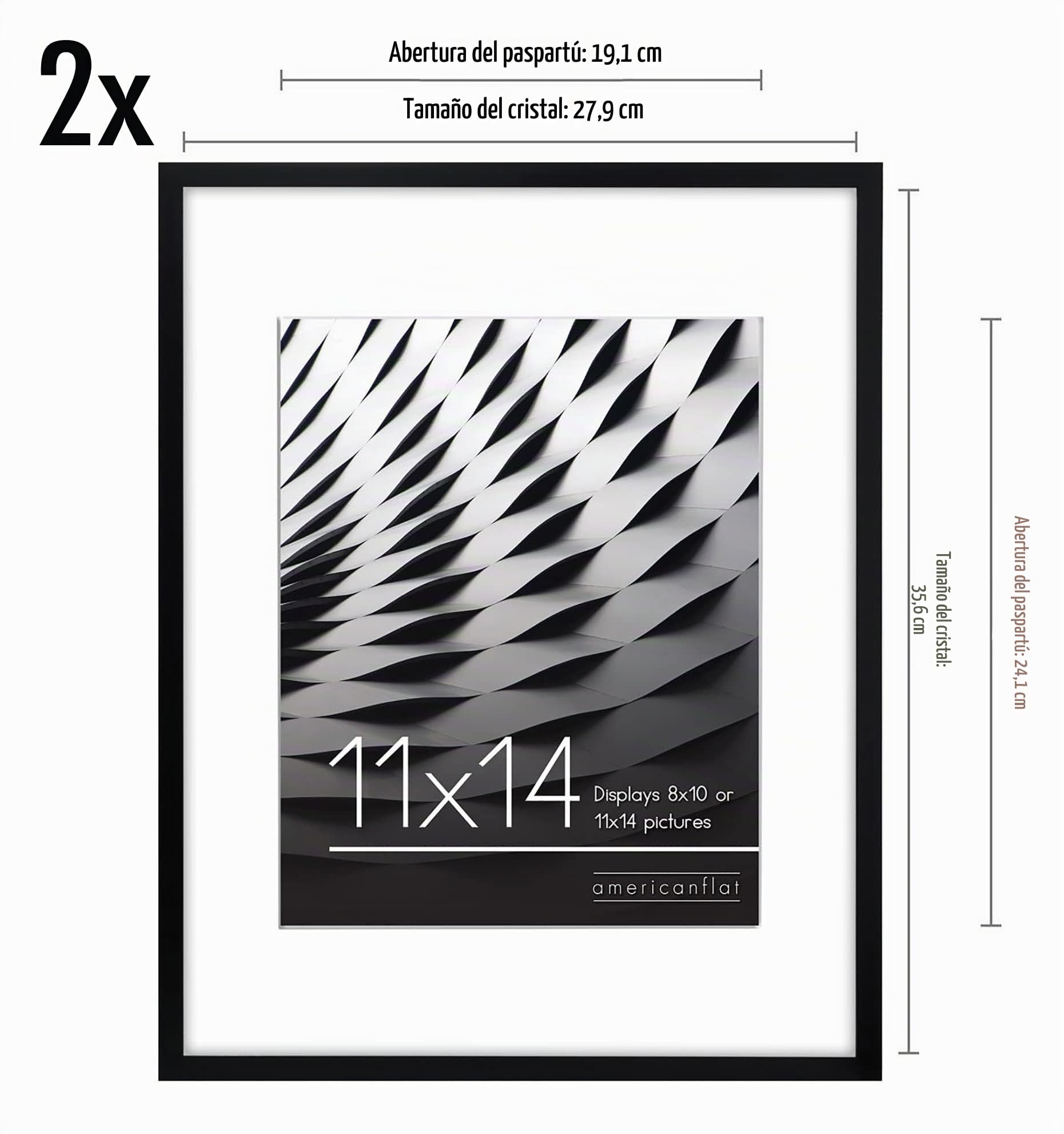 Americanflat 11x14 Picture Frame with Shatter-Resistant Glass - Set of 2 - Use as 8x10 Frames with Mat or Display 11x14 Photo Without Mat - Streamline Collection - Picture Frame Set for Wall - Black