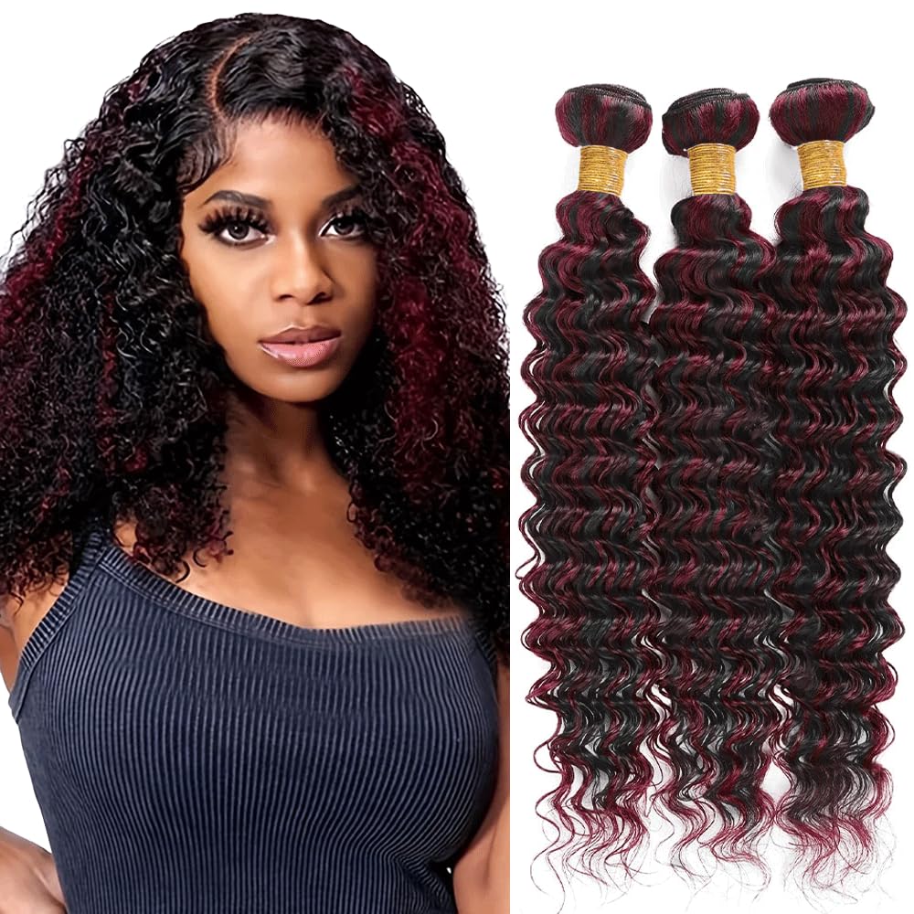 P1B99J Bundles Highlight Burgundy Deep Wave Human Hair Bundles Two Tone Black And Red Bundles Human Hair 3 Bundles 12 12 12 Inch 99J Ombre Bundles Hair Weave