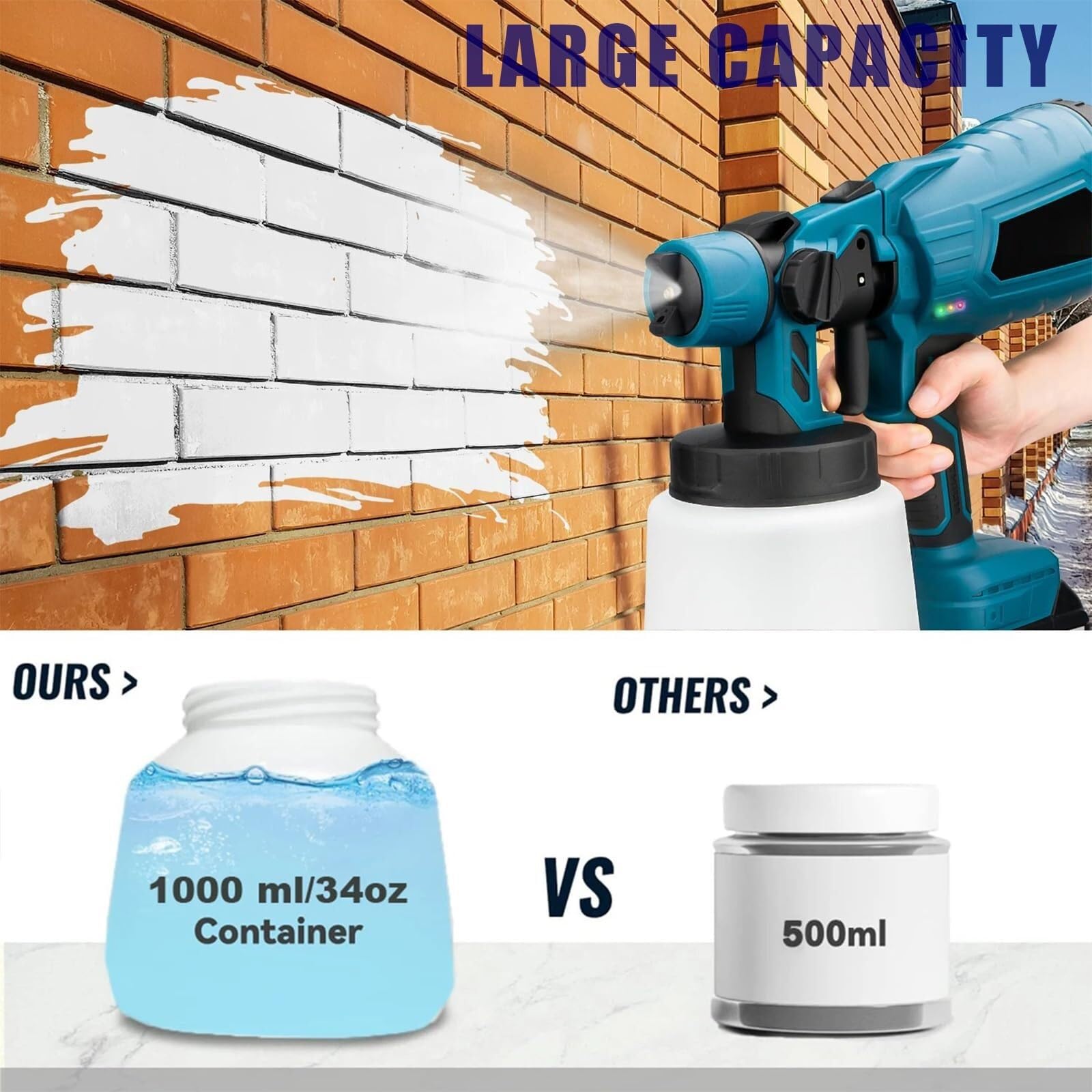 Pulverizador de pintura eléctrico inalámbrico, pistola de pulverización de 1000 ml con 2 baterías y cargador para pintura interior y exterior del hogar, armarios, vallas, techos y paredes