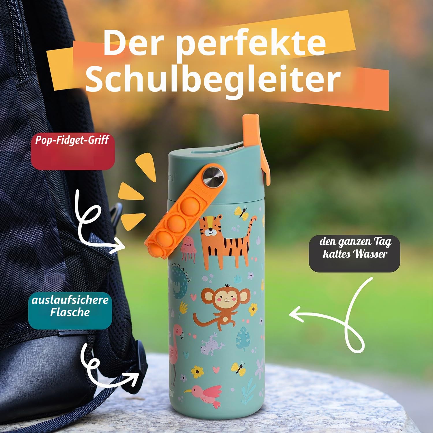 Elemental Isolierte Kinder Wasserflasche - Edelstahl Wasserflasche mit Strohhalm Deckel und Pop-it-Griff, auslaufsichere Wasserflaschen für Schule, Reisen und Sport - 530 ml - Safari