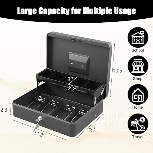 Miniatura 2 de xydled Caja de efectivo con bandeja de dinero y cerradura de llave, caja de seguridad con bandeja para efectivo, caja de seguridad con llave,