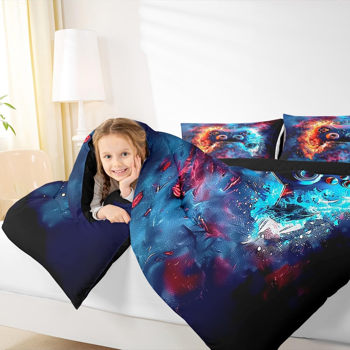 Erosebridal Game Console Queen Comforter Set Water and Fire Lightning Bedding for Boys Teen Blue Gamepad Bedding Comforter Sets Girls Kids Cool Video Game Duvet Insert Geometric Stripes Quilt