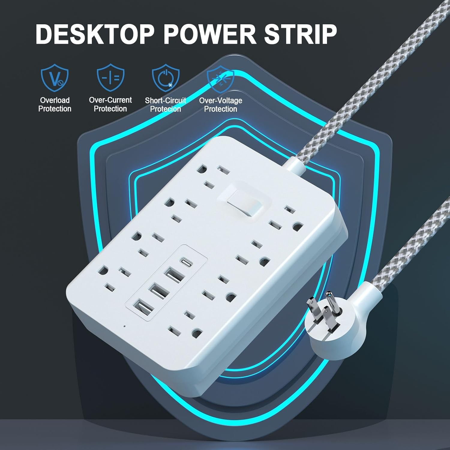 Flat Plug Power Strip with Surge Protector, 8 AC Outlets + 3 USB Ports + 1 USB-C, 5ft Extension Cord for Desktop, Travel, Home & Office(White)